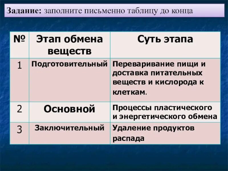 Три этапа обмена. Таблица по биологии 8 класс обмен веществ. Этапы обмена веществ таблица. Таблица по биологии этап обмена веществ суть этапа. Стадии обмена веществ.