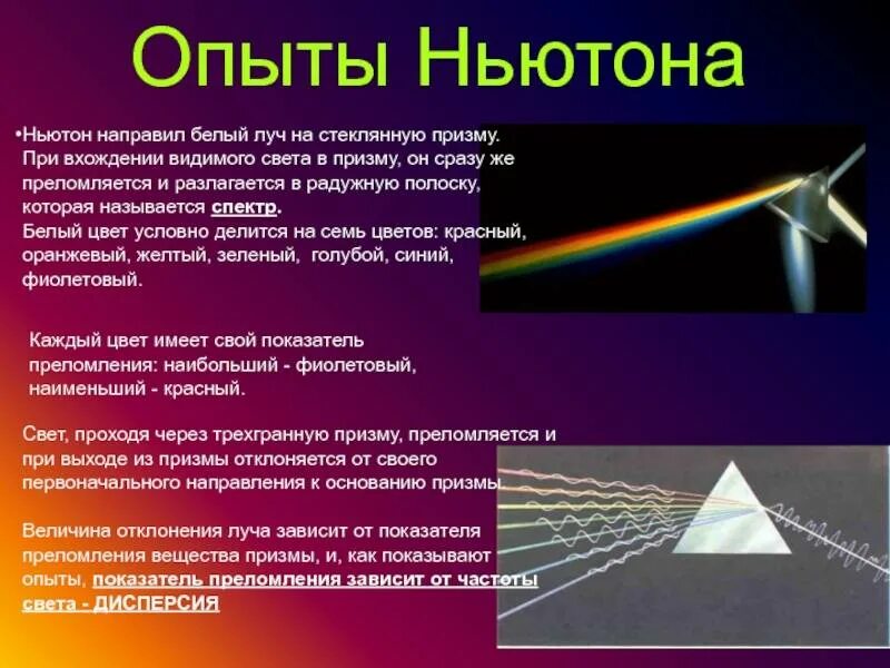 Если световой луч белого цвета. Дисперсия света Призма Ньютона. Дисперсия света опыт Ньютона. Опыт Ньютона преломление света. Дисперсия света опыт Ньютона вывод.