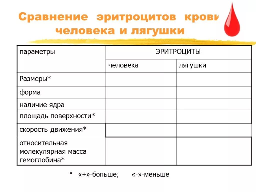 Наличие ядра человека. Сравнительная таблица эритроцитов человека и лягушки. Сравнительная характеристика крови лягушки и крови человека таблица. Сравнительная характеристика эритроцитов лягушки и человека таблица. Сравнение эритроцитов человека и лягушки таблица.