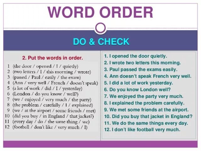 Sentence Word order. Word order in English sentence. English sentence Word order. Word order in questions. Simply words