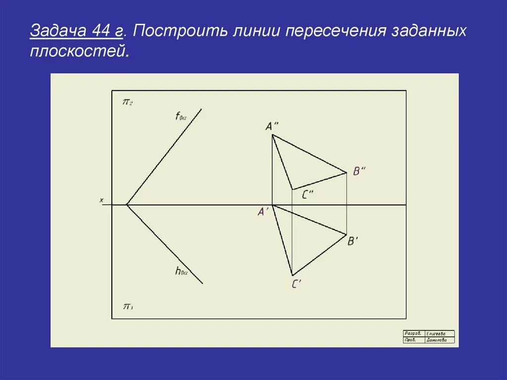 Пересечь линию 48. Линия пересечения двух плоскостей заданных следами. Построить линию пересечения плоскостей заданных треугольниками. Проекции линии пересечения плоскостей. Пересечение 2 плоскостей Начертательная геометрия.