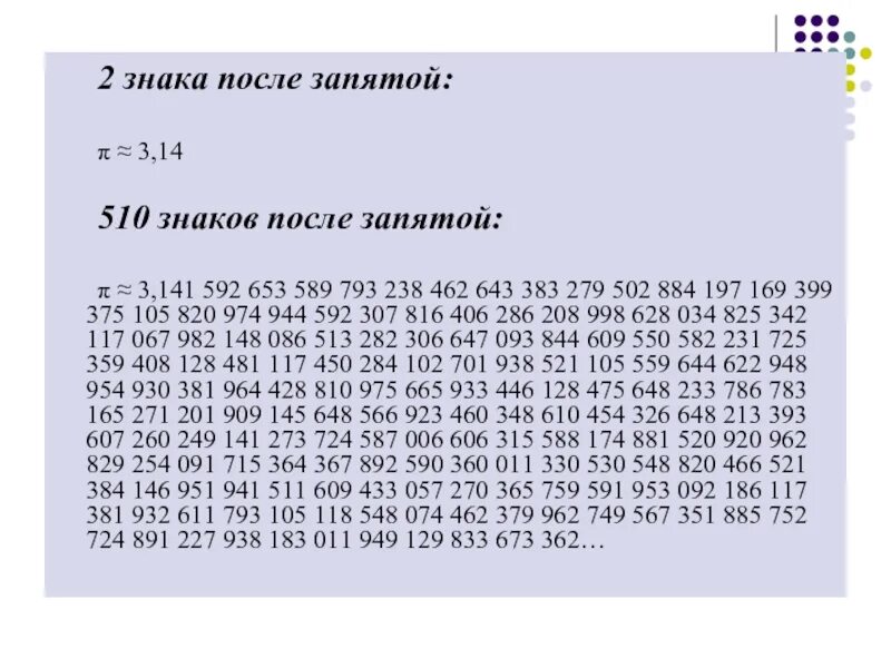 18 знаков после запятой. Цифры после запятой в числе пи. число пи до 20 знаков после запятой. число пи 20 знаков после запятой. число пи полностью все знаки после запятой.