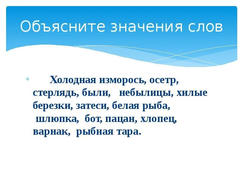 Составь предложение из слова холодный. Холодная изморось значение. Объяснить слово холодная изморось осетр стерлядь были. Объясните значение слова "Затеси"..