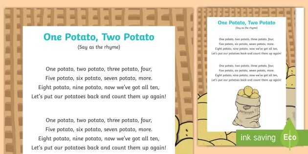 One two стих. Считалка one potato two potato. one potato two potatoes песня. стих one potato two. стих one potato two potato.