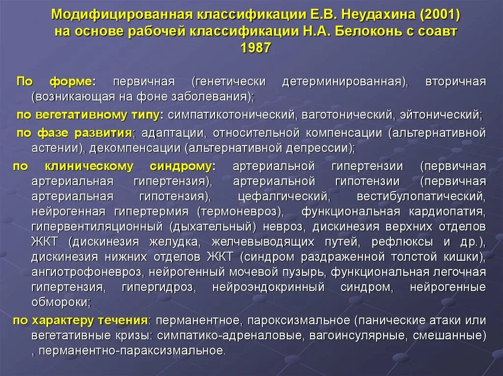 Стандартная диагностика. Классификация ВСД У детей. Классификация Белоконь 1987. Что такое Фоновое заболевание в диагнозе. Вегетативная дисфункция классификация.