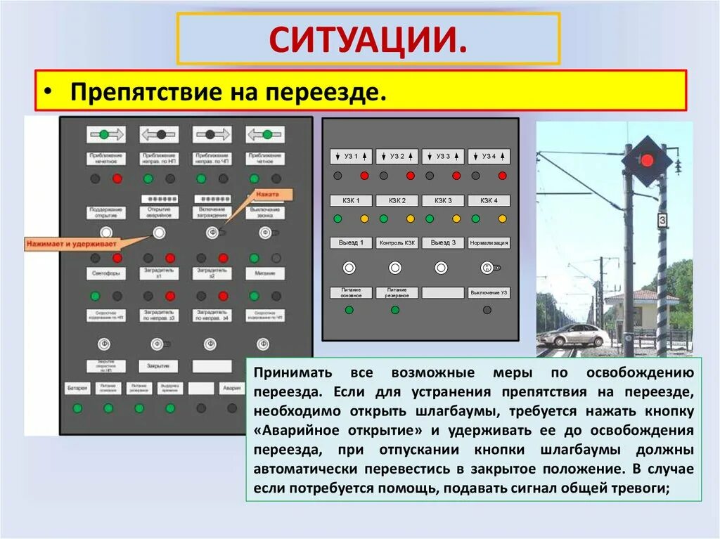 При наличии препятствия. Сигналы дежурного по переезду. Щиток управления переездной сигнализации. Сигнал общей тревоги. Тесты для дежурного по переезду.