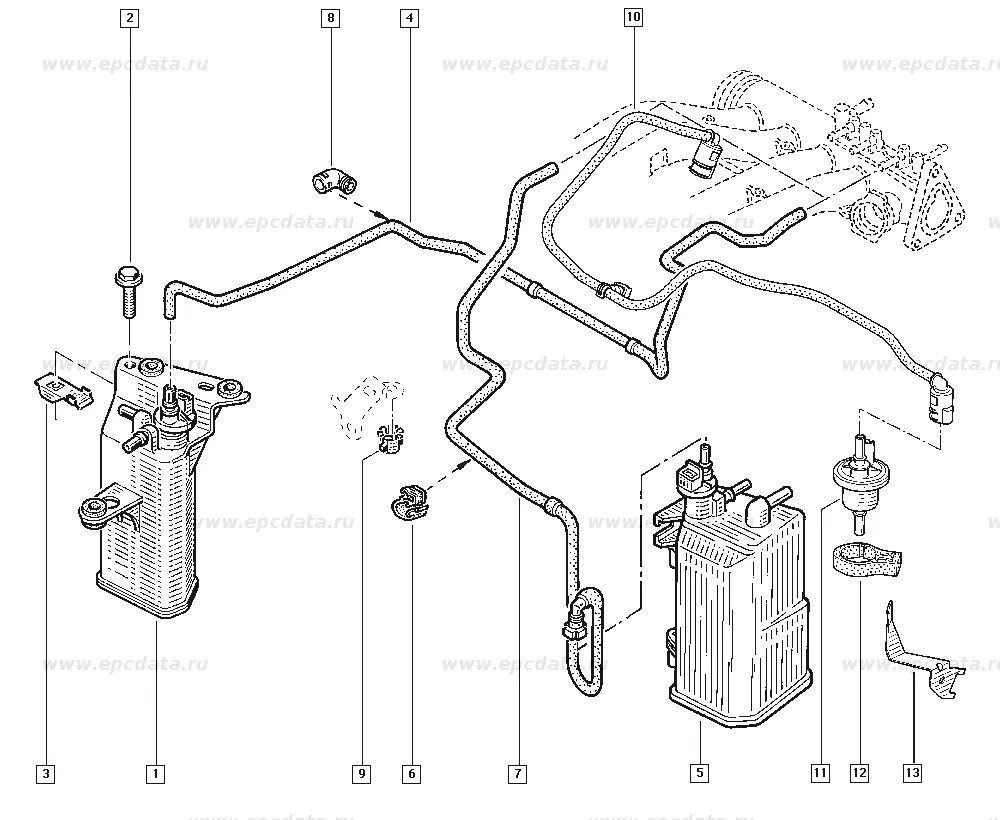 Топливная система Рено Клио 2. Трубка абсорбера Рено Логан 2. Трубка абсорбера Рено Меган 2. Топливная система Рено Логан 1.6. Абсорбер сандеро
