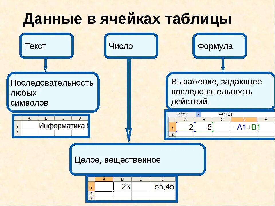 Данные в ячейках таблицы. Типы данных в ячейках электронной таблицы. Типы данных в электронной таблице excel. Типы данных в ячейках excel. Привязки формул