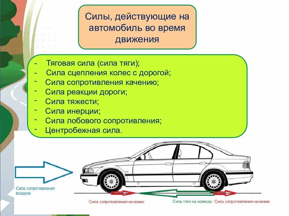 Силы действующие на автомобиль. Какие силы действуют на автомобиль. Силы действующие на автомобиль при движении. Силы действующие на транспортное средство. Работа при движении автомобиля