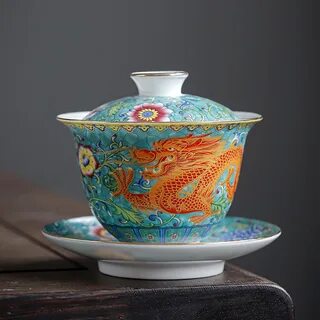 Chinese porcelain/zisha gaiwan covered teacup lid saucer ceramic handpainte...