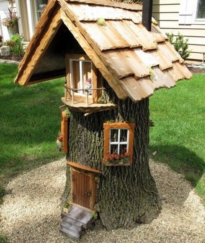 Image result for tree stump gnome houses Fairy garden houses, Fairy tree houses,