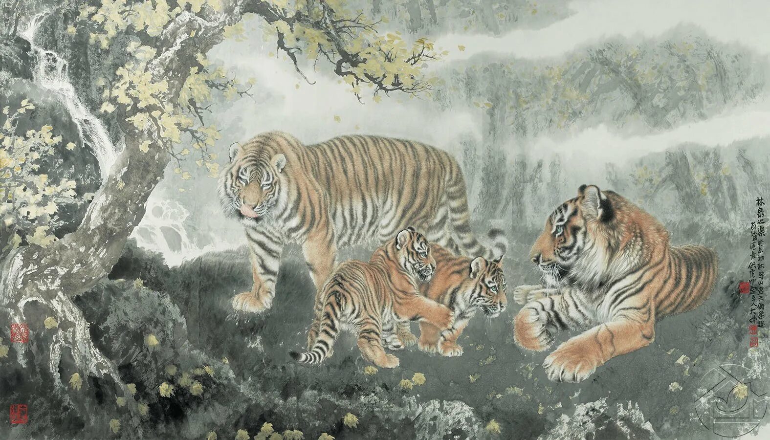 The tiger is large. Семья тигров. Тигр китайская гравюра. Тигр в китайских фресках. Японские фрески с тиграми.