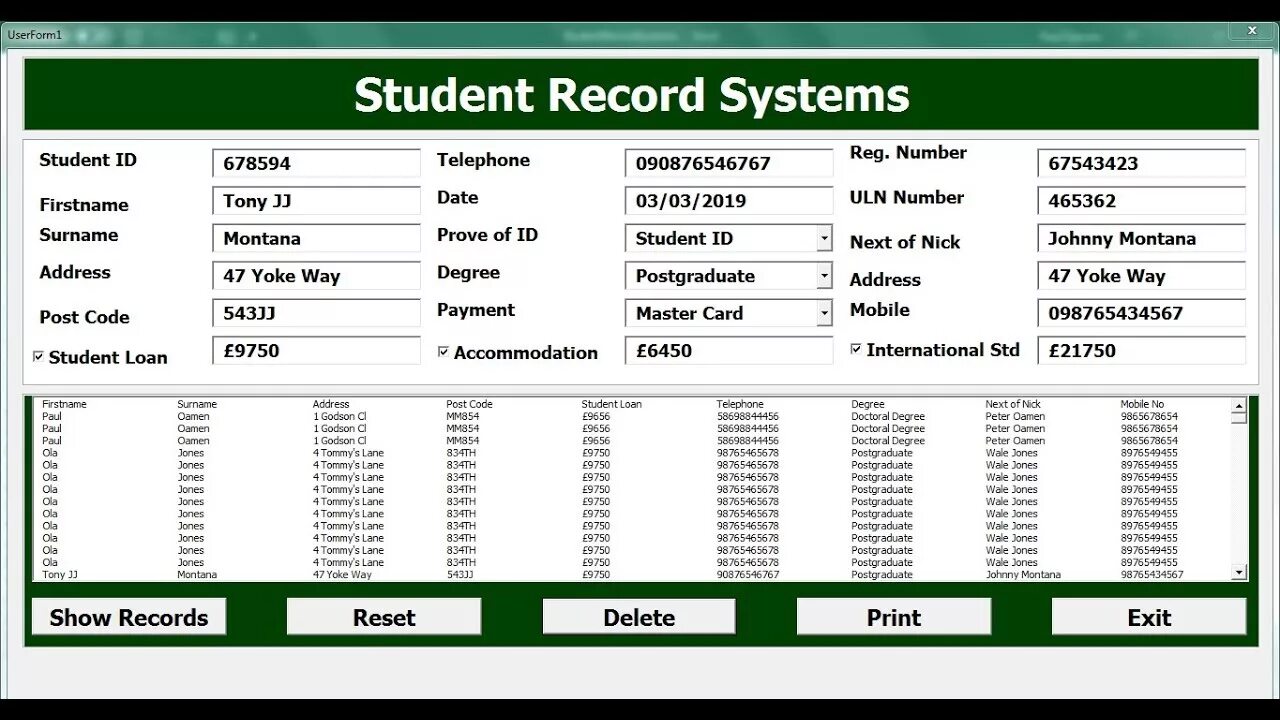 Student record. How to create a data form entry an excel. student record card.