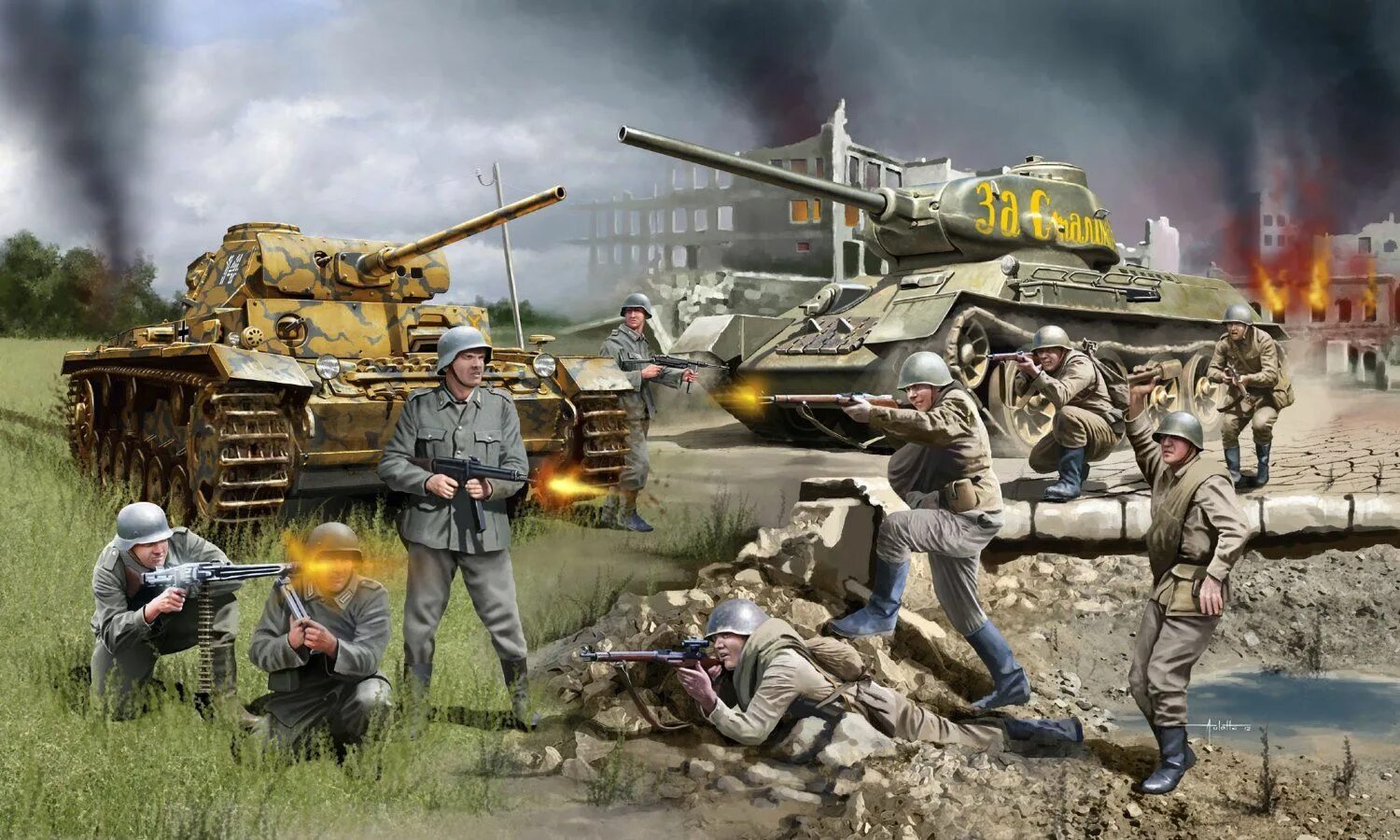 03189 Revell 1/72 набор-диорама "Сталинград" Stalingrad Battle PZKPFW. III & T-34 & Figures. Диорама Сталинградская битва 1 72. Танк т-34 Сталинградская битва. Сталинградская битва битва танков. Первая битва танков