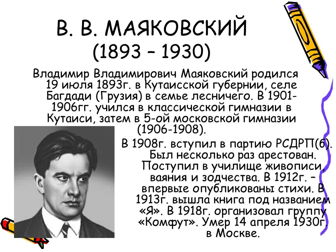 Биография маяковского кратко 9 класс. Краткая биография Маяковского. Биография Маяковского кратко. Маяковский биография.