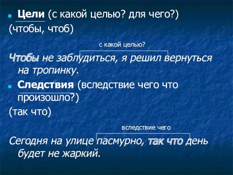 Чтобы не заблудиться я решил вернуться на тропинку. С какой целью. Чтобы не заблудиться я решил вернуться на тропинку вид придаточного. Б. Чтобы не заблудиться я решил вернуться