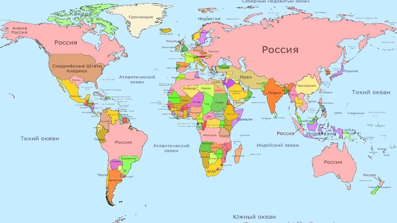 Политическая карта Миа. Карта с названием стран на русском