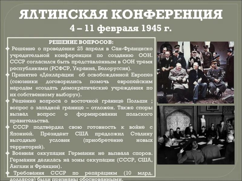 Результаты крымской конференции 1945. Ялтинская конференция (4 – 11 февраля 1945 г.). Организация Объединённых наций Ялтинская конференция. Итоги Сан Францисской конференции 1945. Февраль 1945 Ялтинская конференция решения.