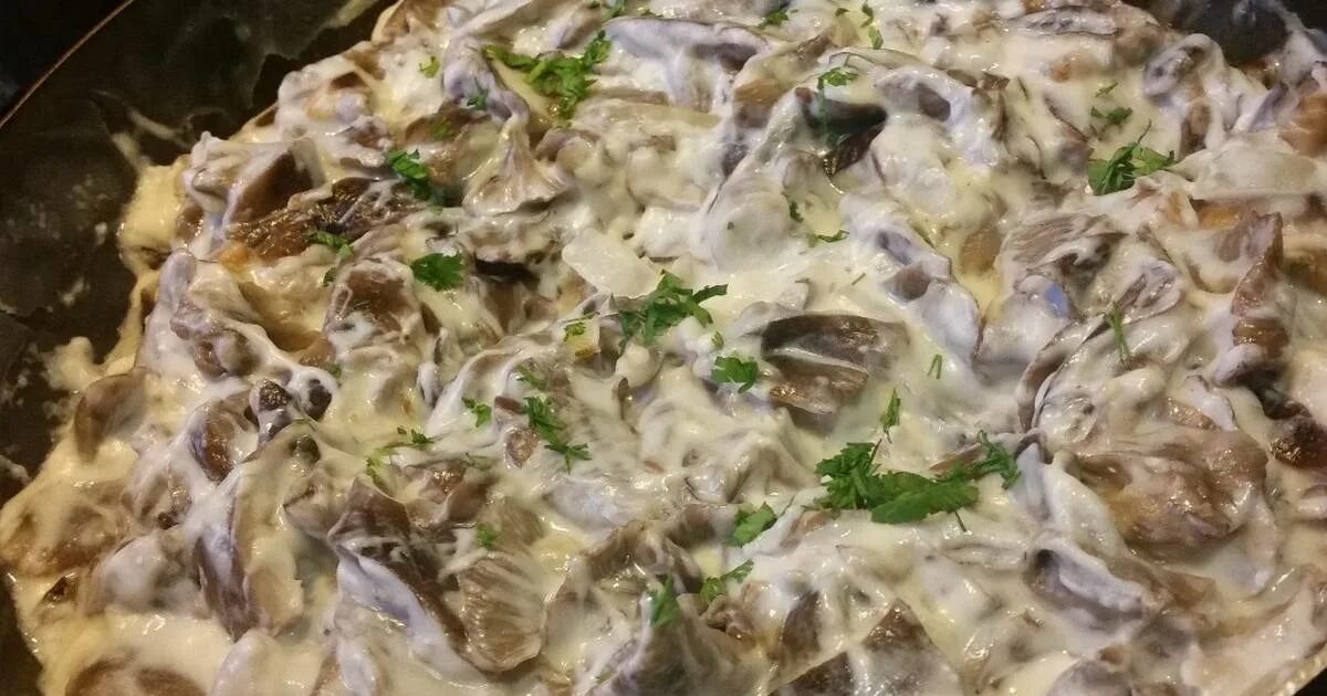 жареные сыроежки. грибы в сметане. как пожарить грибы со сметаной. грибы в сметане. шампиньоны фламбе.