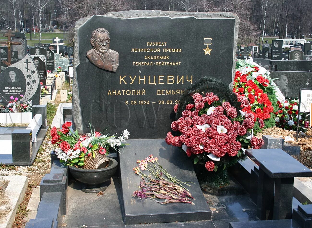 Могила Николая Рыбникова на Троекуровском кладбище. Могила Ирины Метлицкой на Троекуровском кладбище.