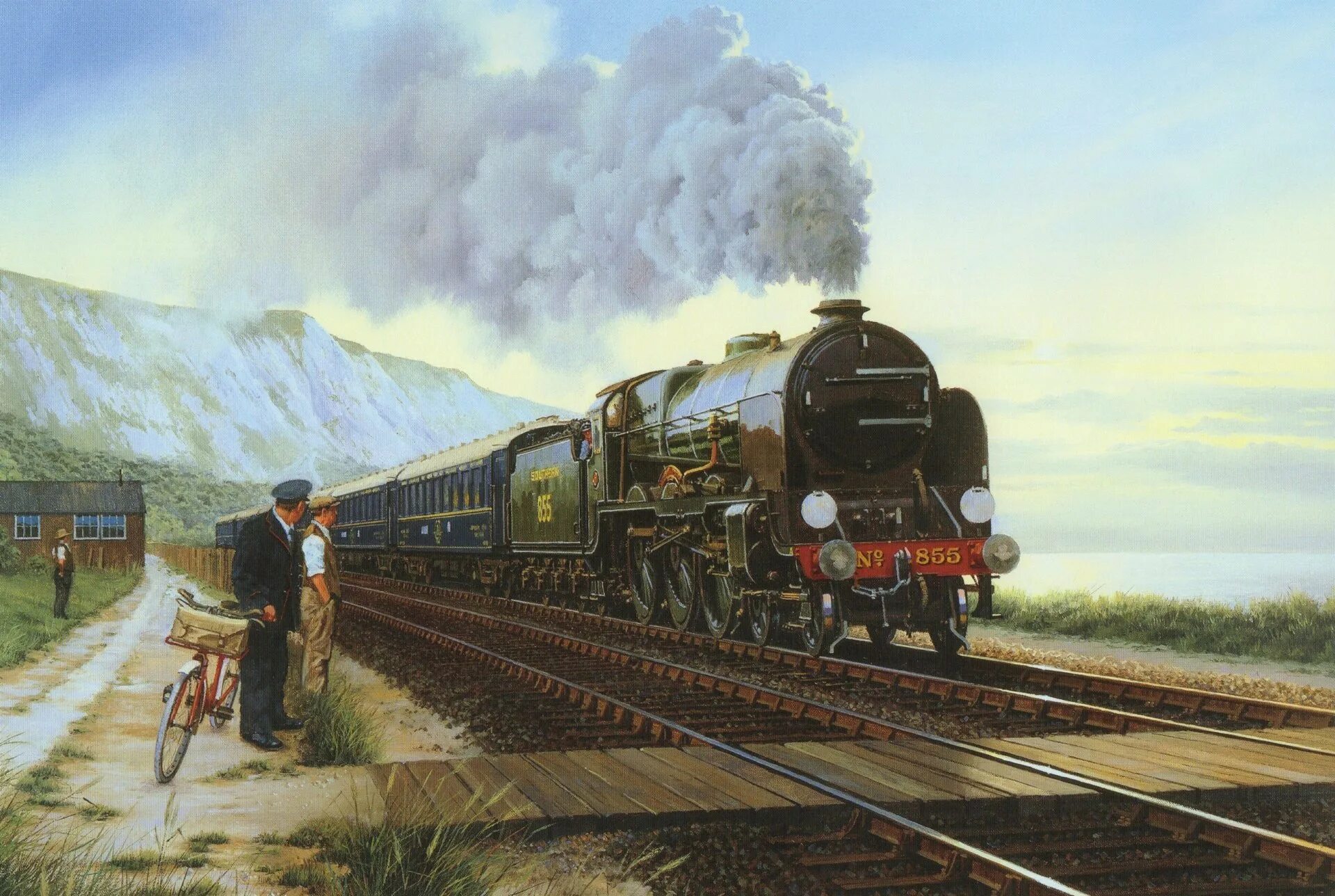 Теренс Кунео картины. Картина Томаса Хилла железная дорога. Паровоз в живописи.