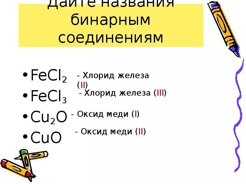 Хлорид железа 3 класс соединение. Бинарное соединение fecl2. Бинарное соединение fecl3. Хлорид железа 3 класс вещества. Назовите оксиды cu2o