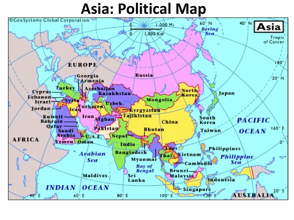 Политическая карта Азии. Географическая карта Азии со странами. Географическая карта Азии со странами и столицами. Карта Азии со странами крупно на русском географическая.