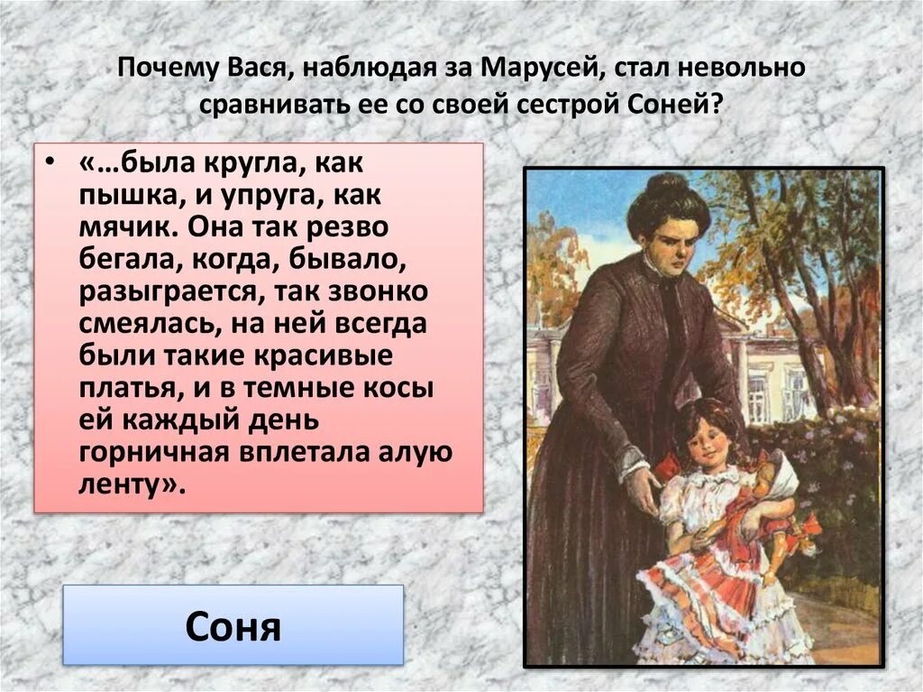 Портреты Маруси и сони из рассказа в дурном обществе. [Fhfrnthbcnbrf DFCB BP hfcrfcf lehyjqjt j,otrcndj. Произведение в дурном обществе. Опиши героя произведения почему