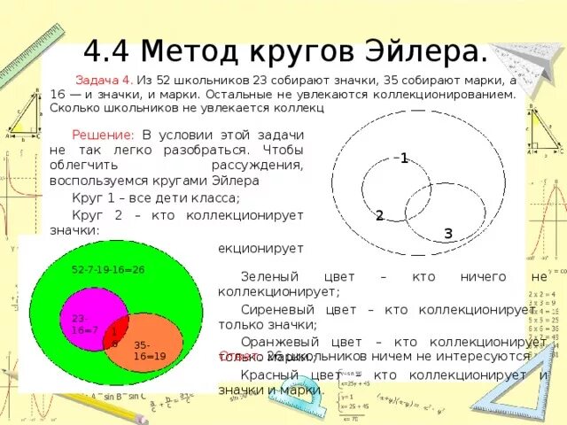 Задачи на круги Эйлера. Логические задачи круги Эйлера. Круги Эйлера задачи с ответами. Из 52 школьников 23 собирают значки 35 собирают марки а 16. Задача про круг