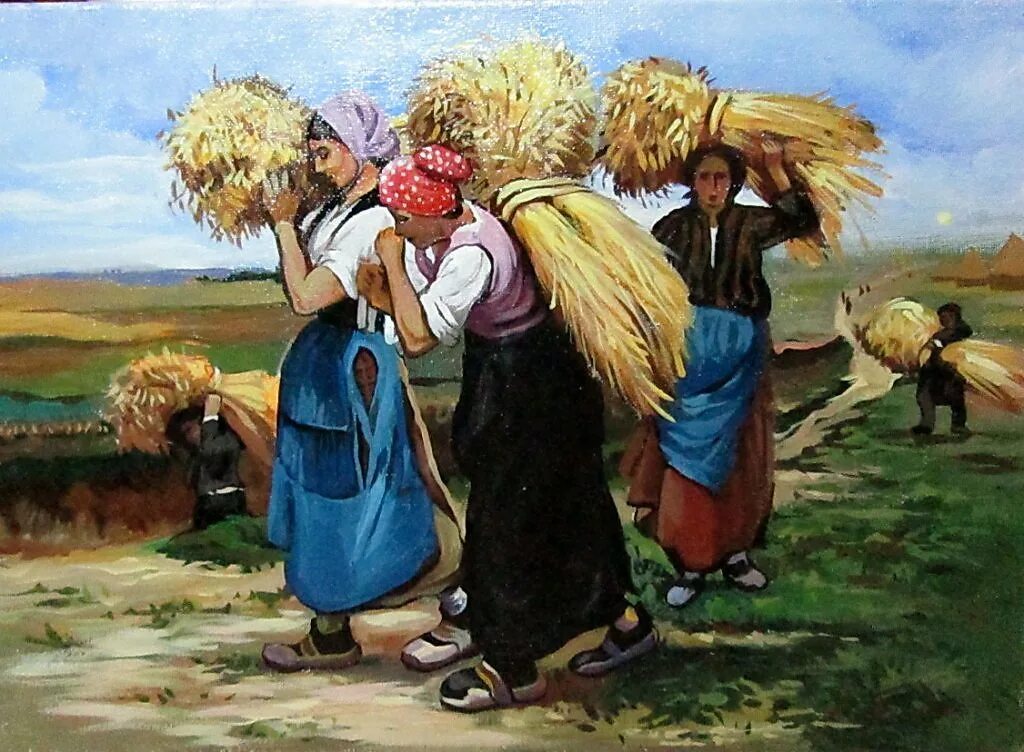 Жюльен Дюпре (1851-1910) - крестьянки со снопами.. Сноп хлеба. Снопы в поле. Сноп пшеницы.