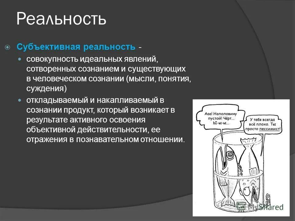 Суть проблемы идеального. Понятие субъективной реальности. Субъективная реальность. Концепцию объективной реальности. Субъективно психологическая реальность.