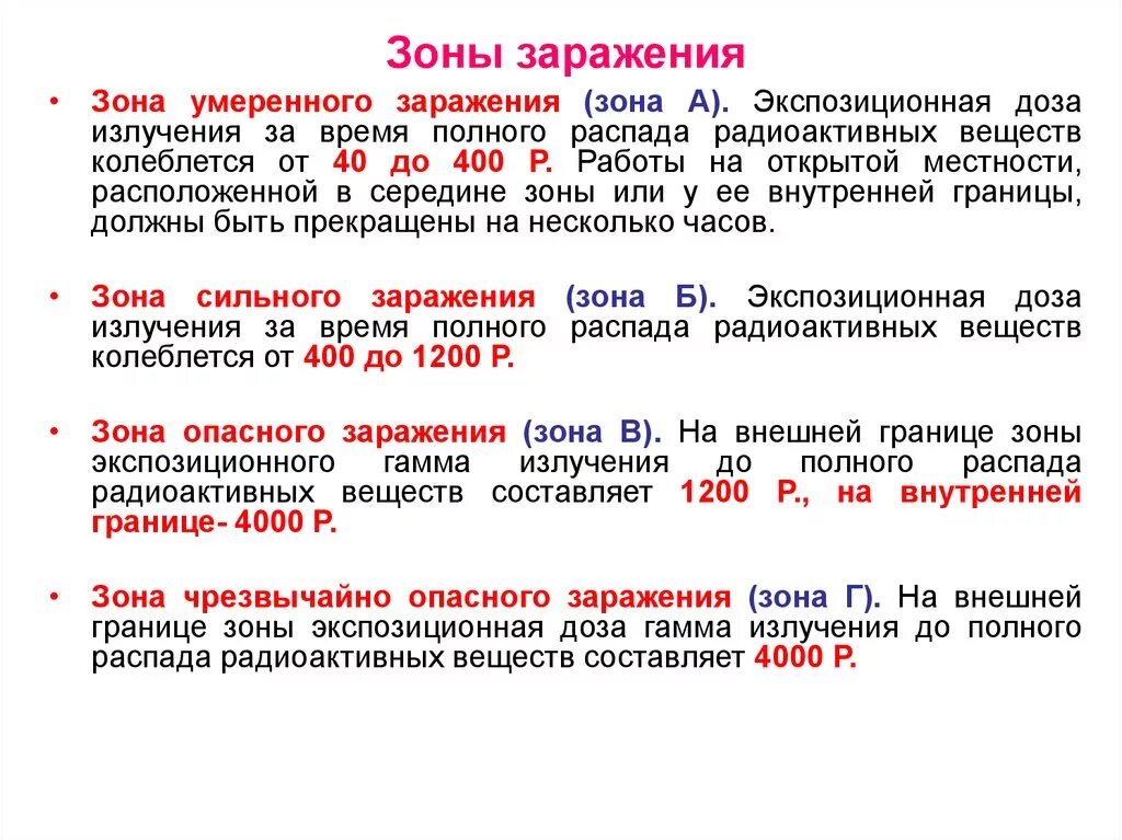 Зона опасного и чрезвычайно опасного заражения. Зона заражения. Зона а – умеренного заражения. Умеренное радиоактивное заражение.