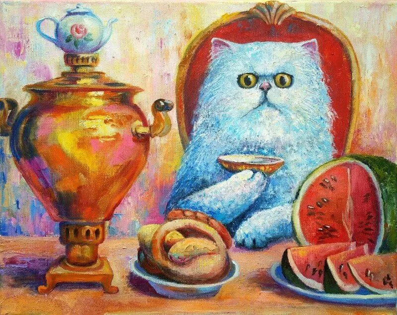 Натюрморт чаепитие. Кот с самоваром. Картина чаепитие. Самовар в живописи.