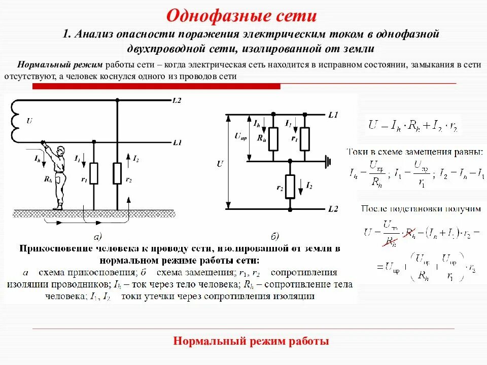 Схема однофазной двухпроводной сети. Анализ поражения током в однофазной сети изолированной от земли. Практическая схема включения однофазного тока. Человек с трехфазной сети с изолированной нейтралью.