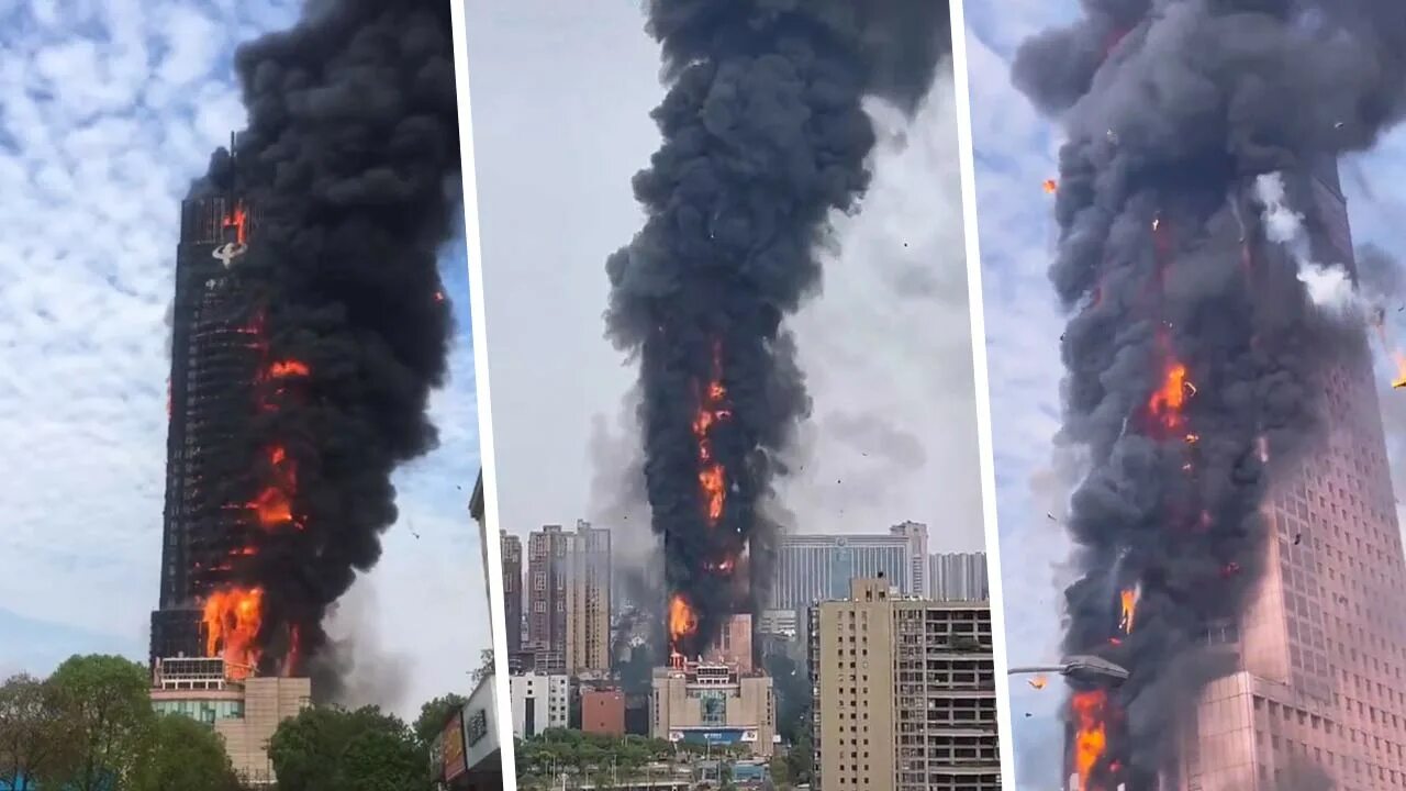 Горит небоскреб. В Китае сгорел небоскреб. Пожар в небоскребе. Сгорел фасад здания. Падающее здание пожар.
