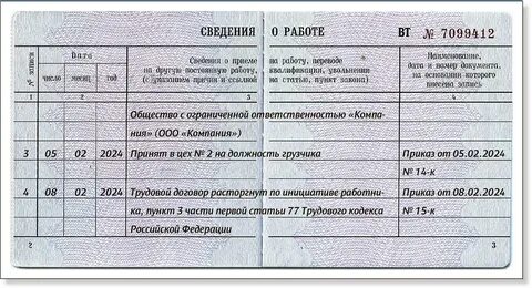 Пример записи увольнение по собственному желанию