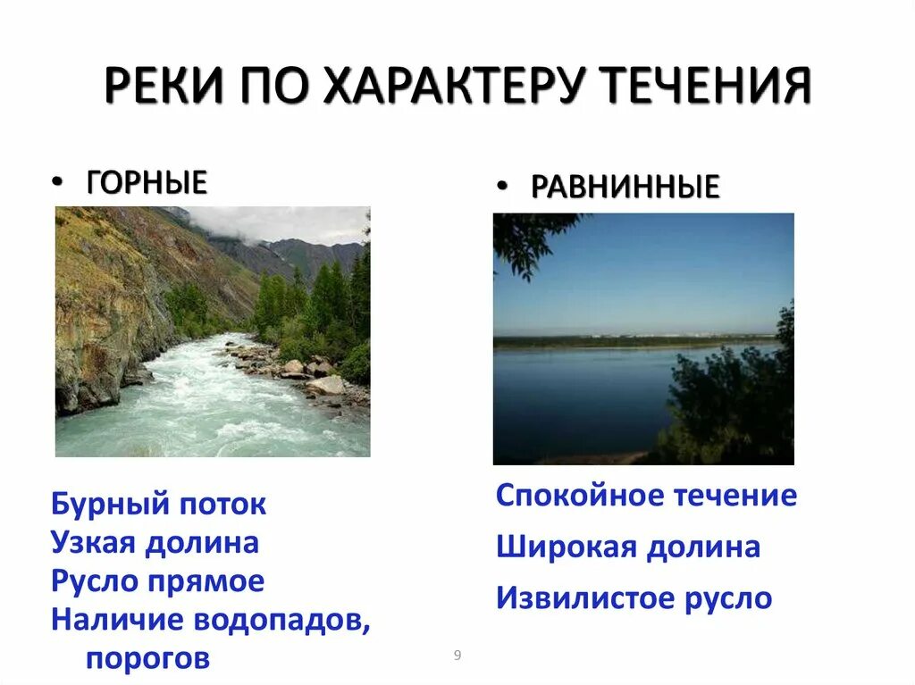 Чем отличается река. Равнинные реки и горные реки. Части реки. Равнинные и горные реки.. Реки по характеру течения. Характер течения горные и равнинные реки.