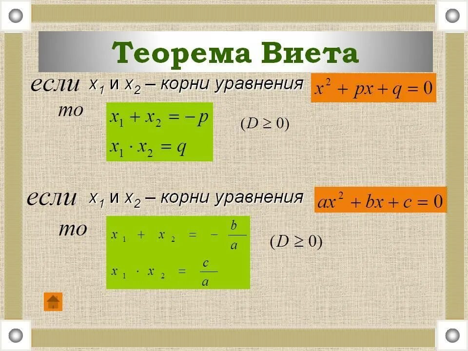 Что такое x 10. Х1+х2 формула Виета. Теорема Виета формула 8 класс. Алгоритм решения квадратного уравнения через теорему Виета.