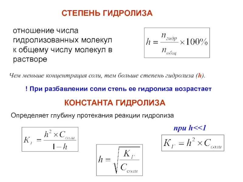 Формула нахождения степени гидролиза. Формула для расчета степени гидролиза. Формула расчета константы гидролиза. Степень гидролиза формула через константу диссоциации. Гидролиз зависит от