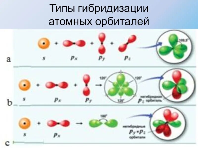 3 типа гибридизации. Химия гибридизация атомных орбиталей. Типы гибридизации атомных орбиталей. Типы гибридизации в органической химии. Гибридизация атомных орбиталей таблица.