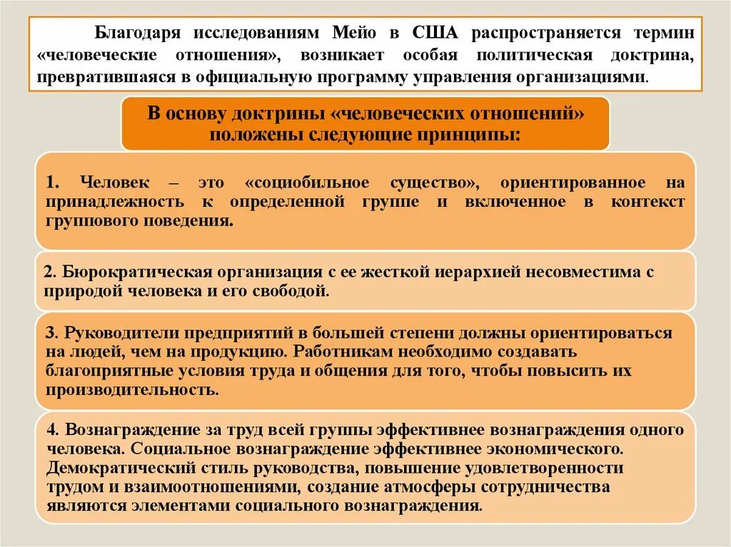 Основы человеческих связей. Принципы управления Мэйо. Теории управления о роли человека в организации. Понятие доктрины человеческих отношений. Доктрина человеческих отношений Мэйо.