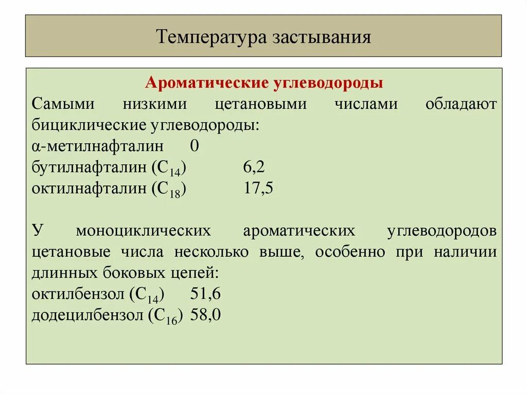 Углеводород анализ. Цетановые числа углеводородов. Температура застывания. Бициклические ароматические углеводороды. Температура застывания нефтепродуктов.