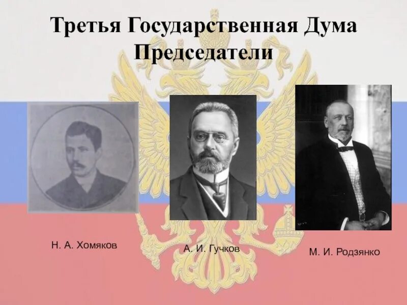 Председатель третьей государственной Думы 1907. Хомяков, Гучков и Родзянко председатель третьей государственной Думы. Председатель Госдумы 1907-1912. А.И. Гучков председатель государственной Думы III созыва (1910-1911).