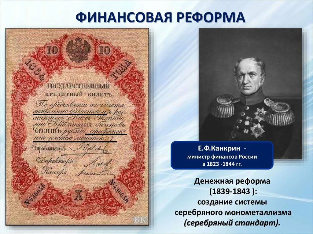 1839-1843 Денежная реформа е.ф.Канкрина. Канкрин министр финансов при Николае 1. Реформа е. ф. Канкрина (1839-1843 г.г.). Денежная реформа 19 века