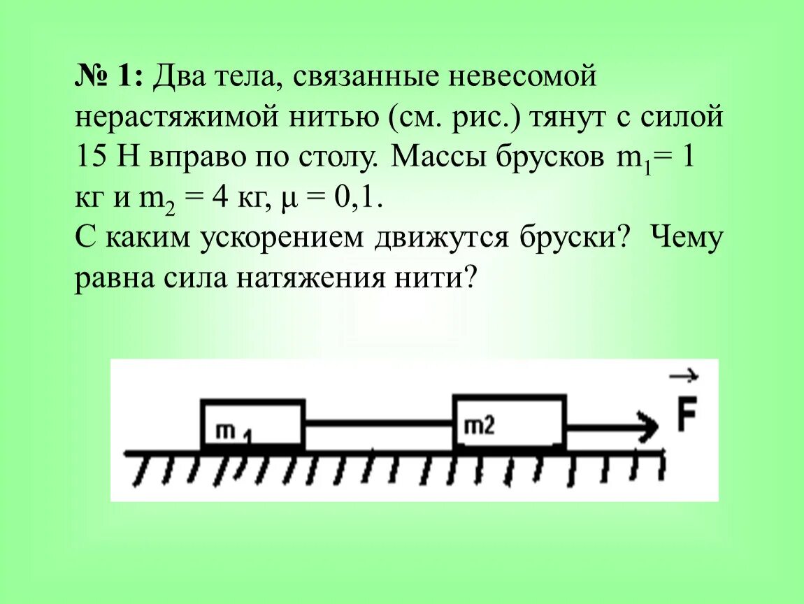 Вагонетка имеющая 7.2 км ч начинает. Два тела связанные невесомой нерастяжимой нитью. Два тела связаны нерастяжимой нитью. Задачи на движение связанных тел. Сила натяжения нити с двумя грузами.