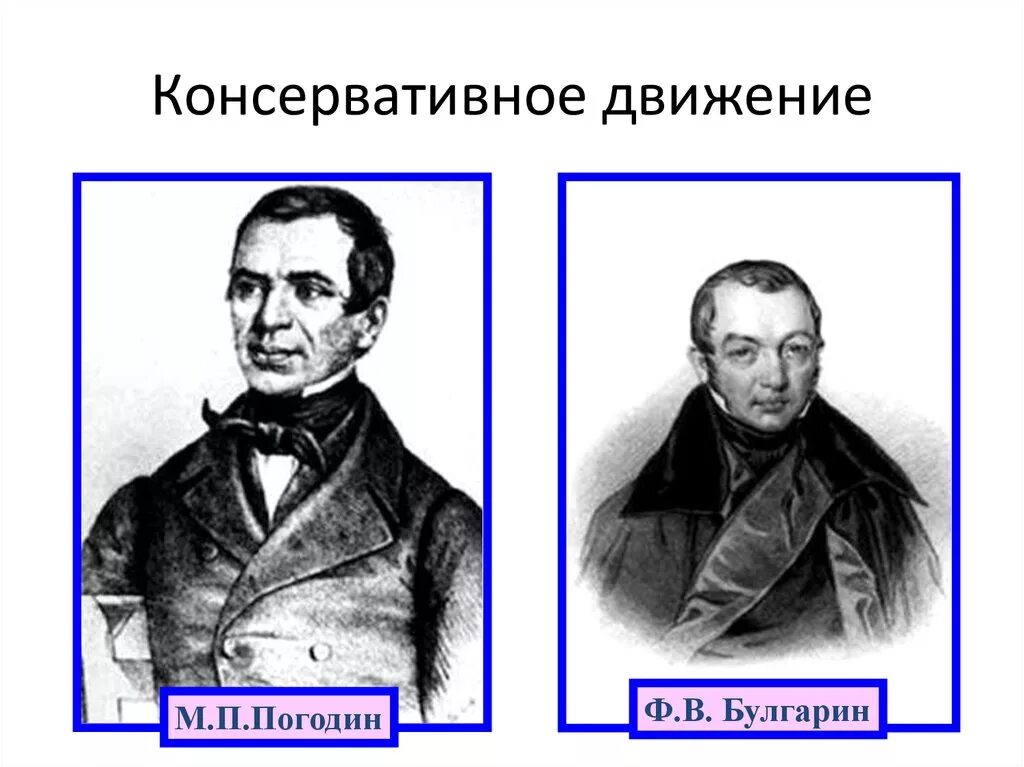 Погодин общественное движение. Ф В Булгарин. Консервативное движение. Представители консервативного движения.