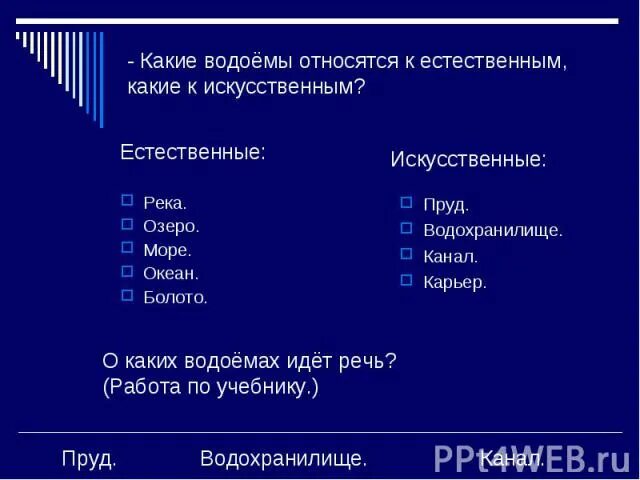 Естественные и искусственные водоемы. Что относится к естественным водоемам. Что относится к искусственным водоемам. Искусственные и Естественные реки. Пруда какая часть речи