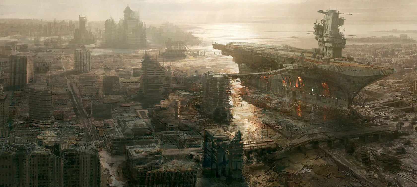 Post nuclear. Rivet City Fallout 3 Concept Art. Fallout 3 арт. Craig Mullins постап. Фоллаут 4 разрушенный город.