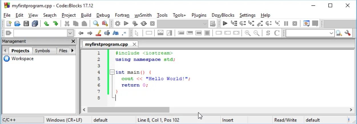 C getting started. Codeblocks надпись hello World. Cpp file. Code Block view настройки. Fortran hello World.
