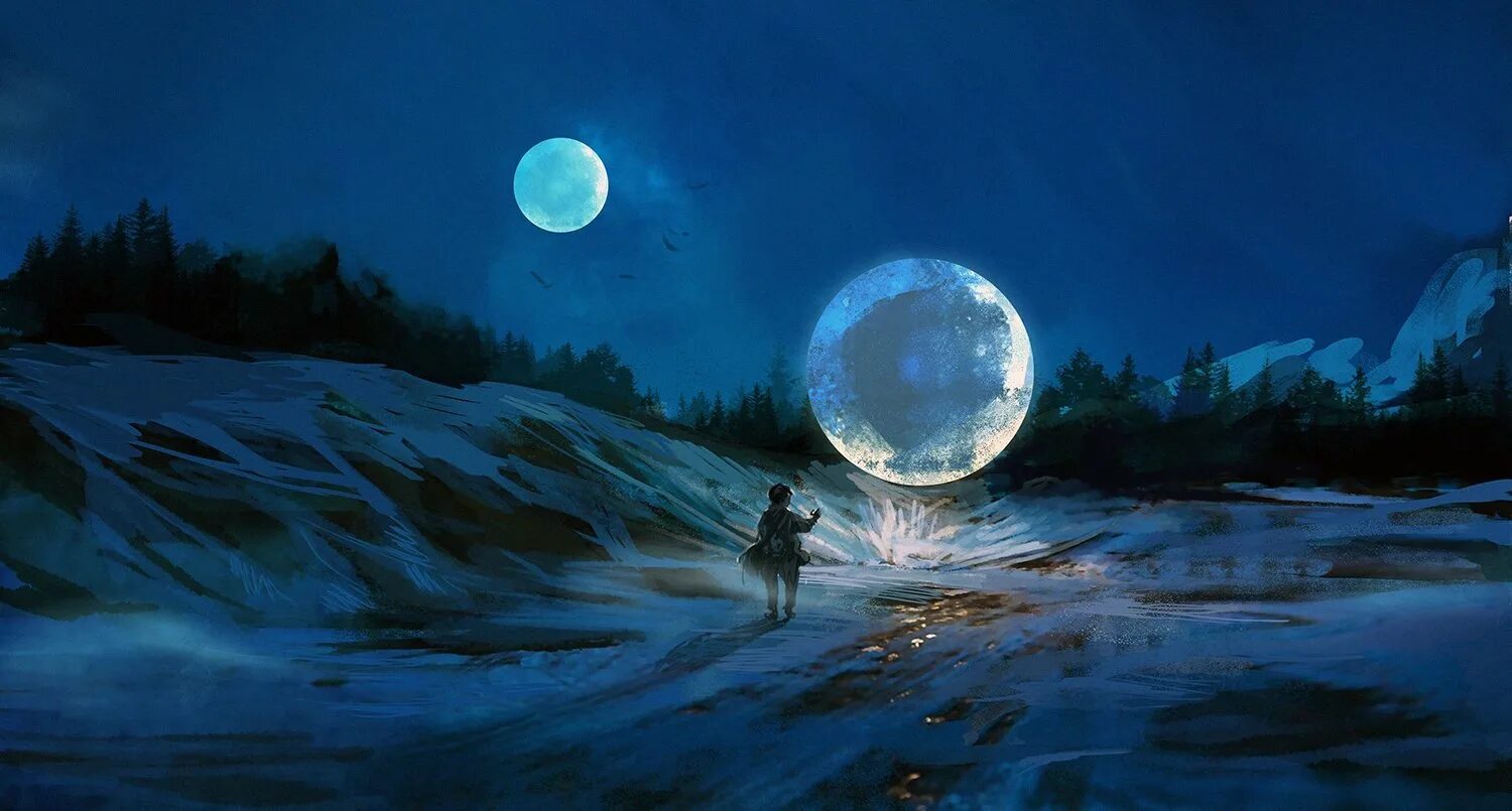 Лунная ночь. Лунный пейзаж. Луна арт. Пейзаж с луной.